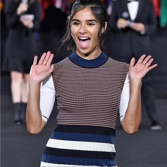 Opening Ceremony Ribbed Navy Metallic Striped Short Sleeve Sweater Top, Large - Picture 2 of 4